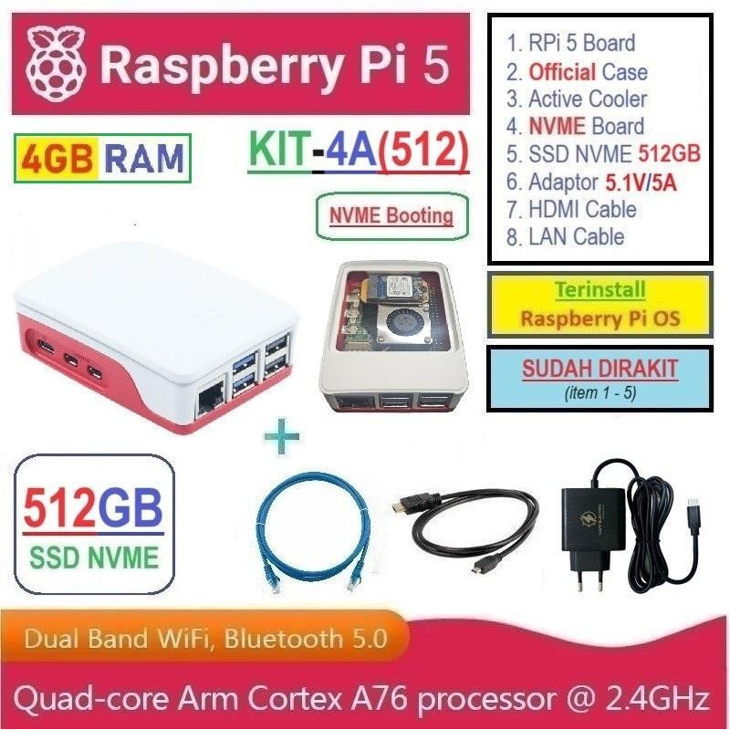 KIT-4A(512)  Raspberry Pi 5 (4GB RAM) KIT NVME SSD 512GB - Complete SET SIAP PAKAI